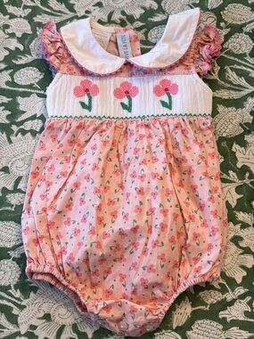 Vive La Fete Pink Floral Smocked Baby Bubble Romper